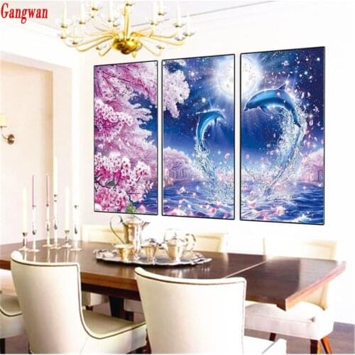 Full Square Diamond Painting Dolphin Cherry blossoms 3pcset Diamond Embroidery Sale Pictures Of Rhinestone Mosaic Decor Home