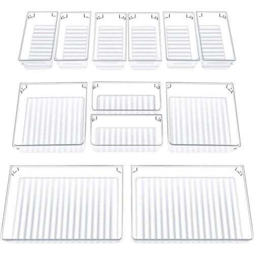 Set Of 12 Desk Drawer Organizer Trays with 3-Size Clear Plastic Storage Boxes Divider Make-Up Organiser for Office