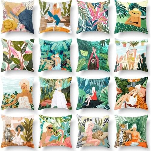 Nordic Fresh Green Plant Girls Series Linen Decorative Pillow Cover Cojines Decorativos Para Sofa