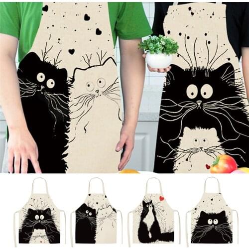 New Kitchen Cooking Apron Cute Cartoon Cat Printed Home Sleeveless Cotton Linen Aprons For Men Women Cleaning Tools Accessories