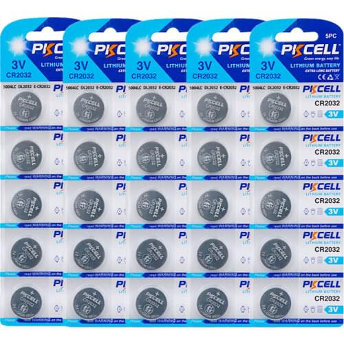 PKCELL 25Pcs 5Packs CR2032 3V Lithium Button Coin Cell Battery ECR2032 DL2032 L14 5004LC