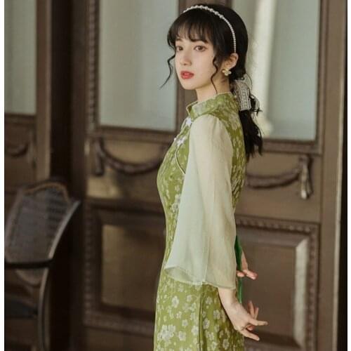 Cheongsam Dresses for Women Summer 2021 Dress Floral Satin Dress Sweet Party for Women Puff Sleeves Chiffon Dress Young Girls