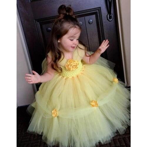 Girls Yellow Bella Princess Tutu Dress Kids Crochet Flower Evening Dress Ball Gown Children Birthday Party Banquet Costume Dress