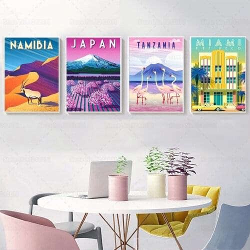 Nordic Style Travel Posters Tour City Miami Japan Namibia Morocco Africa Aesthetic Canvas Painting Wall Art Home Decor