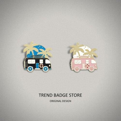 Cartoon holiday RV self-driving tour creative two-color RV modelling drop oil brooch happy travel trend clothing