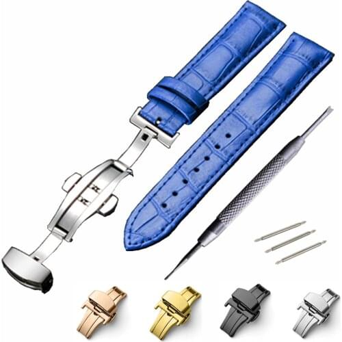 14 15 16 17 18 19 20mm Genuine Leather Watch Bands Replacement Butterfly Clasp Buckle Blue Crocodile Grain Strap Watchbands