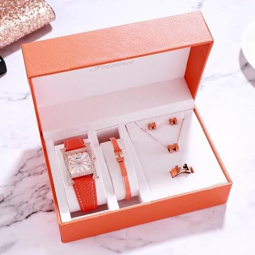 Luxury Casual Crystal H Square Watch for Women Fashion Stylish Leather Ladies Wrist Watches Bracelet Jewelry Set Christmas Gifts