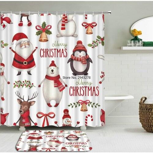 Christmas Shower Curtain Set Cartoons lovely Santa Claus Shower Curtain With Hooks New Year Xmas Bathroom Non-slip Floor Mat
