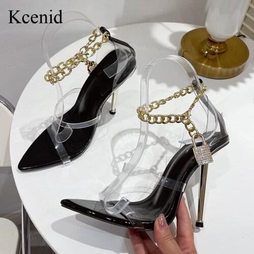 Kcenid Transparent PVC Strap Sandals Women Summer New Chain Ankle Strap Sandals Sexy Open Toe Metal High Heels Shoes Party Pumps