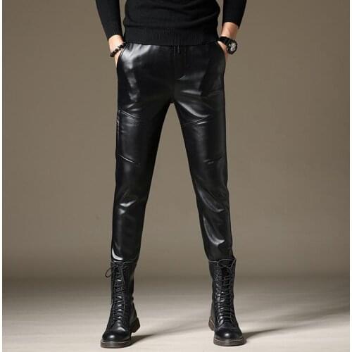 Tight leather pants mens feet pants fashion motorcycle pu trousers for men Plus velvet thick black personality pantalon homme
