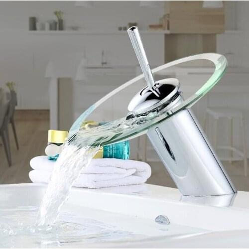 Bathroom Waterfall Basin Faucet Glass Waterfall Deck Mounted Basin Sink Mixer Tap Single Lever Hot and Cold Faucet