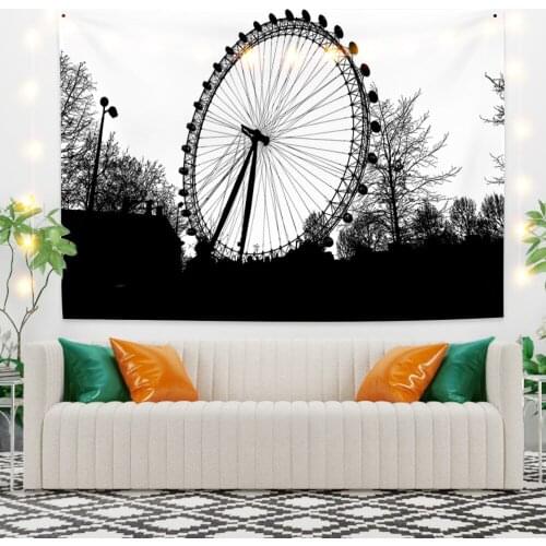 Ferris Wheel and Tree Scenery Tapestry Vintage Exotic Summer Plant Nature Frame for Bedroom Photography Wall Decor