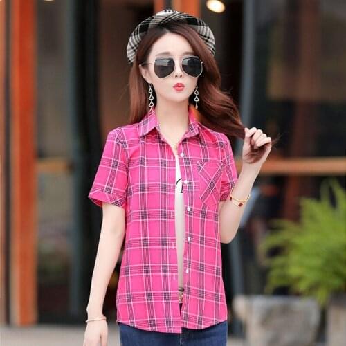 Womens Thin Short Sleeve Cotton Plaid Shirt Fashion Slim Fashion Womens Half Sleeve Top