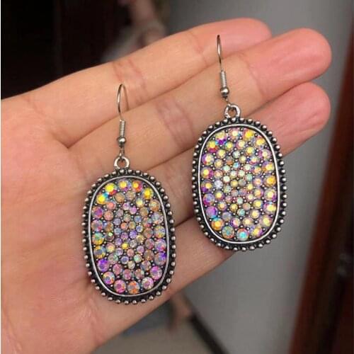2020 New Square Vintage AB Color Circle Pave Crystal Oval Drop Earrings for Ladies