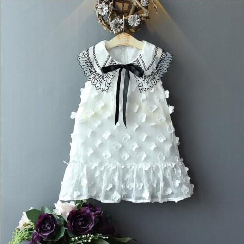 2021 Lovely Children Patchwork Lace Dress Girls A-line Sleeveless Pan Collar Midi Sundress with Pleated Hem 3-7Years