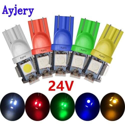 AYJERY 2200pcs 24V T10 W5W LED Bulb 5 SMD LED White Blue Red Green 194 168 Super Bright wedge Lights bulbs Lamps 12V 5050 SMD