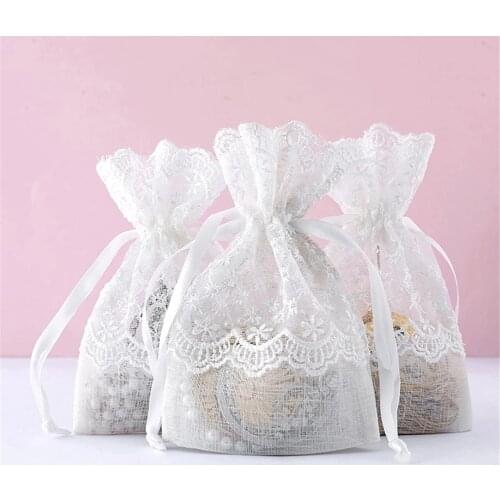 White Drawstring Lace Mesh Bags Jewelry Gifts Packaging Bag Wedding Party Biscuit Candy Chocolate Storage Pouches 10x14cm