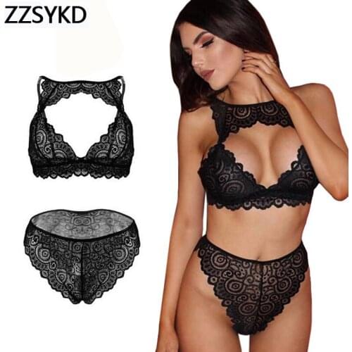Seamless Bralettes For Women Wire Free Push Up Bra Set Lace Underwear Embroidery Perspective Bra Sexy Lingerie Panties Black