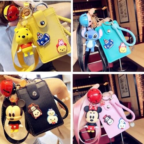 New Disney Mickey ID Card Holder Cartoon Anime Model Doll Keychain Campus Access Card Case Portable Credit Card with Lanyard