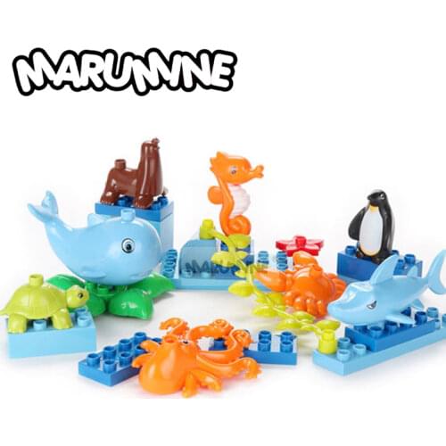 Marumine Sea Animal Duplo Building Blocks 8PCS/Lot Whale Penguin Shark Octopus Tortoise Education Classic Bricks for Children