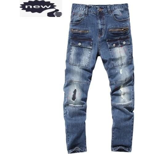Personality Mens Distressed Denim Pants Casual Loose Patchwork hole Fashion Jeans Pockets Zipper High Street Straight Trousers