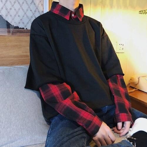 Harajuku Plaid Tshirt Streetwear Hip Hop T-shirts Men Women Autumn T Shirt Funny Long Sleeve Loose T Shirt Japan Solid T shirt