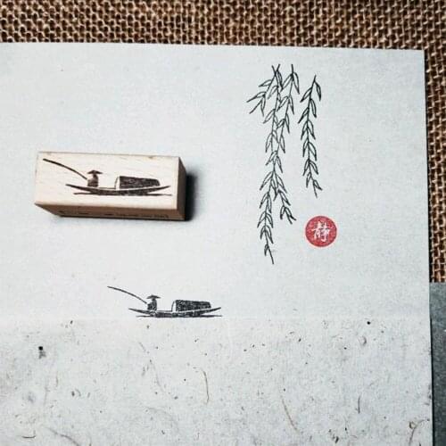 Chinese Painting Fisherman Boat Design Wood Decoration Stamp Handmade Wooden Rubber Hand Account Stamps For Card Book Letter