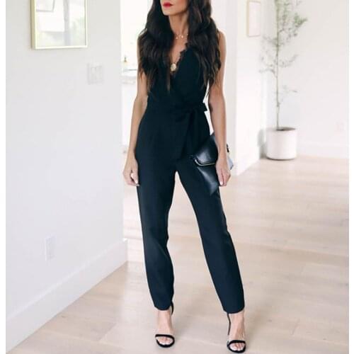 Fashion Lace Women Jumpsuit With Belt Sleeveless 2020 Summer New Casual V-neck Solid Women Black Jumpsuits Fashion Female Pants