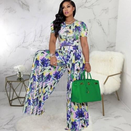 Two Piece Set Women Summer New Fashion Dashiki Short-Sleeved Shirt Top + Wide-Leg Pants Trouser Suit Temperament Sexy Women Sets