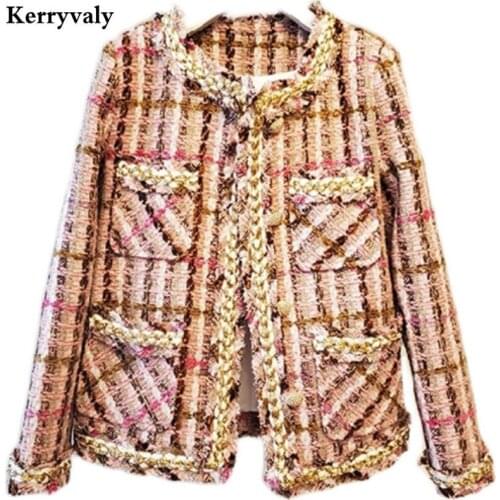 French Small Fragrance Coarse Bomber Tweed Jacket Women Autumn Long Sleeve Retro Short Coat Manteau Femme Hiver K9891
