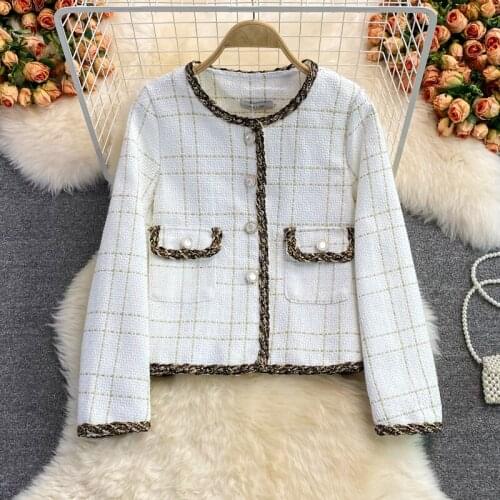 Contrasting Color Tweed Plaid Small Fragrance Jacket For Women Autumn And Winter New Korean Style Loose Straight Outerwear