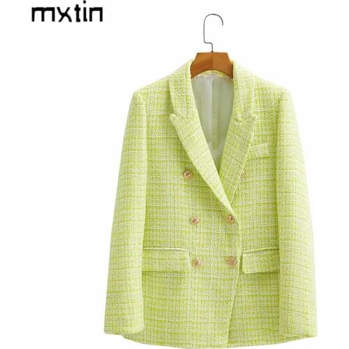 MXTIN 2021 Women Spring Fashion Button Tweed Blazers Coat Vintage Lapel Collar Long Sleeve Office Lady Female Outerwear Blaser