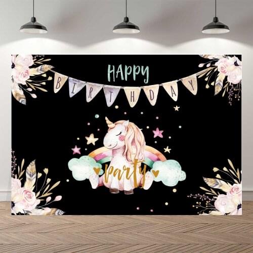 NeoBack Water Color Floral Unicorn Cloud Black Happy Birthday Party Photography Background Children Decorations Photocall Banner