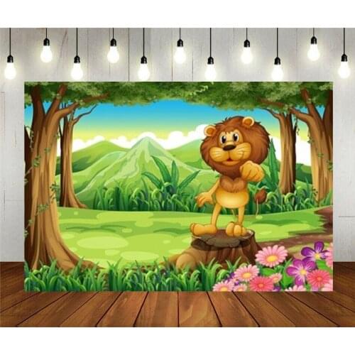 Photo Studio Props Photography Backdrop Cartoon King Lion Above The Stump At The Forest Vinyl Background Kids Birthday Party