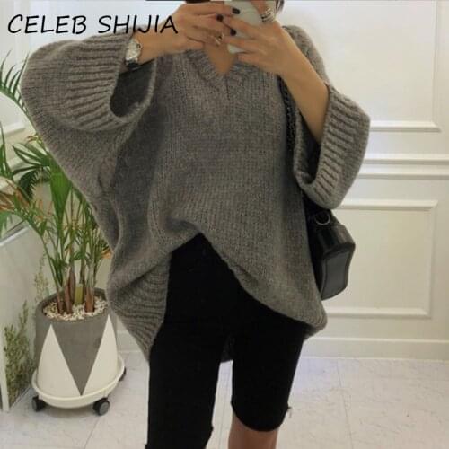 SHIJIA 2020 CHIC Fashion V-neck Sweater Woman Pullover Loose casual full sleeve knitted jumper female autumn winter knitwear