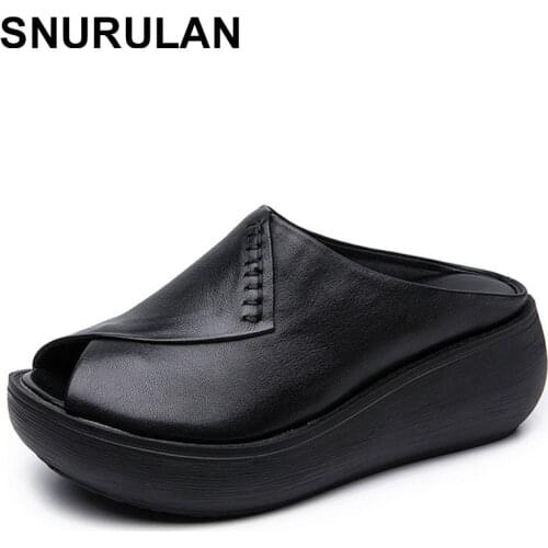 SNURULAN Women Leather Slippers High Heels Wedges Summer Shoes For Women Handmade Genuine Leather Women Slippers Peep Toe Black