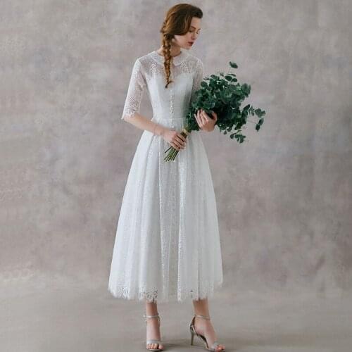 Half Sleeve Tea Length A-Line Backless Wedding Dress Lace Bride Dresses Princess Floor Length Wedding Gowns Slim Garden Style