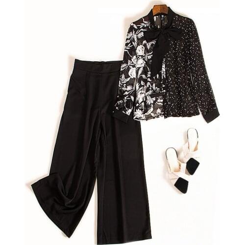 Woman 2 piece sets 2020 autumn OL elegant chiffon printed bow collar blouses shirts + solid wide leg loose pants sets JC299