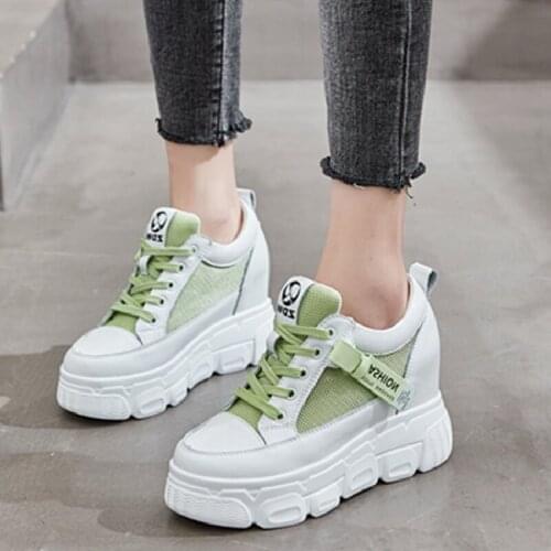 Spring Summer Autumn New Korean Style Height Increasing Platform Cut Out Mesh Genuine Leather Women Casual Sneakers Pumps Shoes