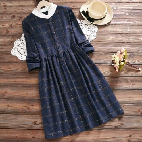 Women Dresses New Fashion Stand Long Sleeve Cotton Linen Dress Large Size Loose Student Spring Autumn Dress Women Clothing Y268