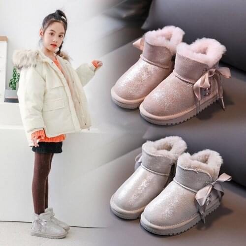 Girls Snow Boots 2021 New Winter Childrens Korean Bowknot Silk Ribbon Princess Thickened Keep Warm Suede Shoes Kids Snow Boots