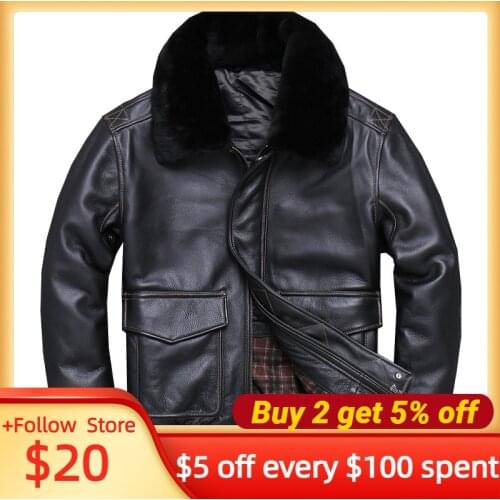 2021 Black Military Style G1 Leather Jacket Men Europe Size XXL Wool Collar Genuine Natural Thick Cowhide Winter Aviation Coat