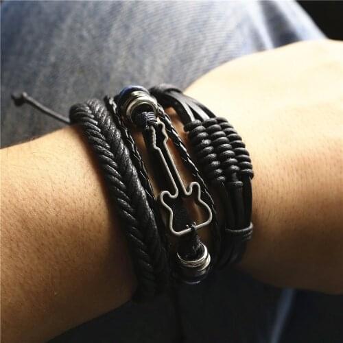 3 Pcs/set Trendy Black Brown Genuine Leather Women Bracelets Men Bangles Feather Cross Guitar Charm Homme Male Gift Jewelry