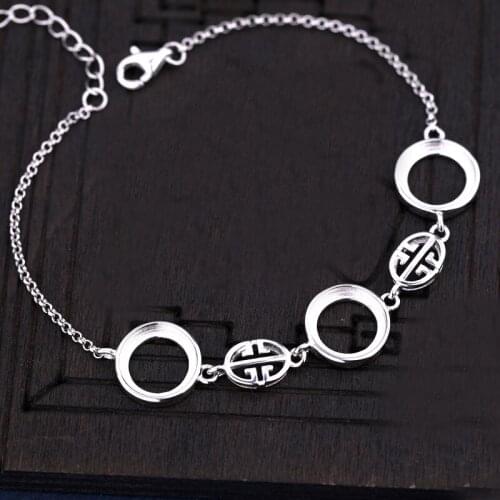 925 Sterling Silver Women Bracelet 10x10mm Round Cabochon Semi Mount Bracelet Vintage fit Amber Opal Turquoise Lapis Lazuli Set