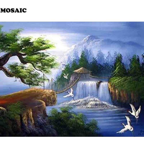 Diy Diamond Painting Cross Stitch Kits 5D Square Diamond Embroidery waterfall tree Crane Diamond Mosaic Needlework