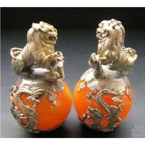 Free shippingMetal Crafts PAIR OF CHINESE green JADE &SILVER FOO DOGS STATUE