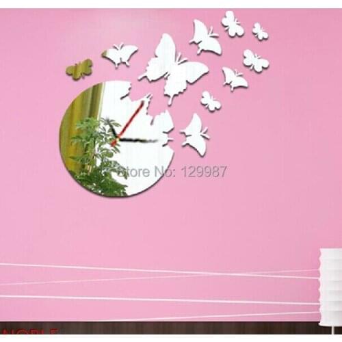 Free shipping butterfly clock mirror sticker , 3D decorative mirror clock sticker ,DIY mirror clock sticker