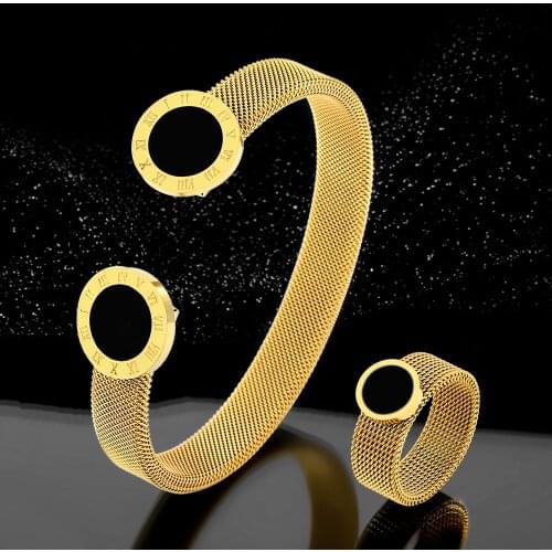 Stainless Steel Gold Mesh Opening Men Ring Bangle Bracelet Black/White Round Charm Bangle Ring For Woman Man Jewelry Sets