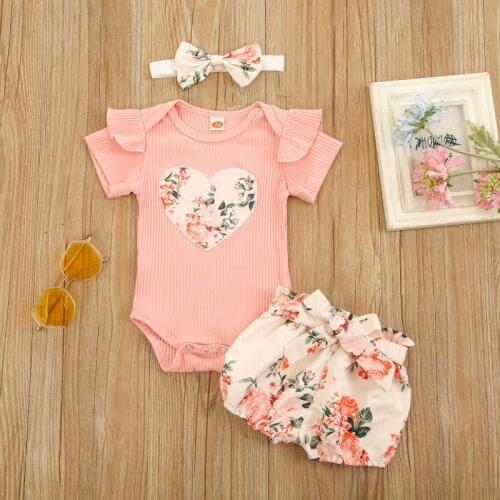 Baby Girl Summer Clothes Set, Ruffle Short Sleeve Rib Knit Romper + Floral Shorts + Headband Set 2021