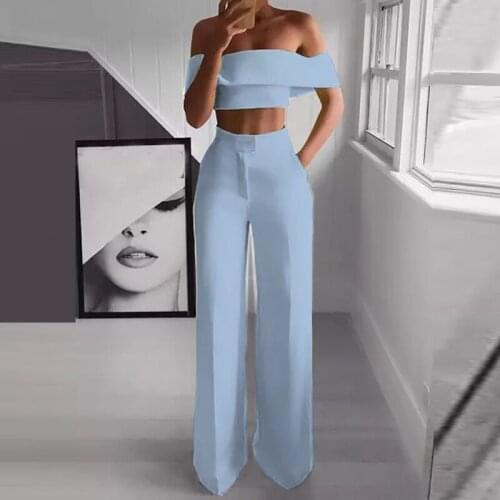 Summer Off Shoulder Crop Top + Pocket Long Pants Women Sets Clothes Spring Slash Neck Office Lady Suit Sexy Solid Casual Outfits